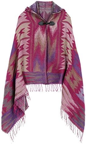 Vintage Plaid Knitted Tassel Poncho Shawl Cape Button Cardigan, Series 4 Purple
