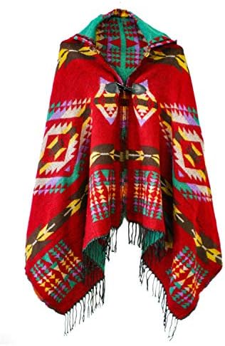 Vintage Plaid Knitted Tassel Poncho Shawl Cape Button Cardigan, Series 4 Red