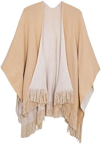 Vintage Poncho Cape Tassel Shawl Wrap Cardigan Coat, Beige