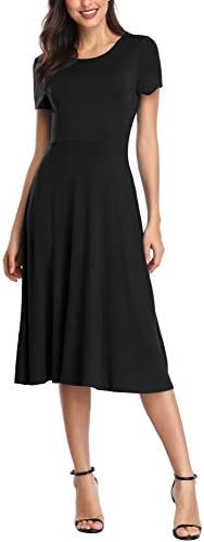 Vintage Short Sleeve High Waist Flared Midi Casual Summer Dress, Black
