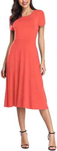 Vintage Short Sleeve High Waist Flared Midi Casual Summer Dress Coral, Coral