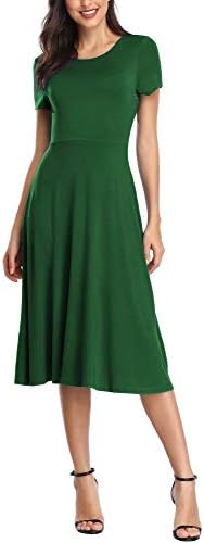 Vintage Short Sleeve High Waist Flared Midi Casual Summer Dress, Dark Green