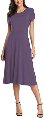 Vintage Short Sleeve High Waist Flared Midi Casual Summer Dress, Greyish Purple