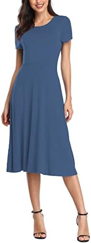 Vintage Short Sleeve High Waist Flared Midi Casual Summer Dress Indigo, Indigo Blue