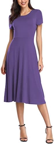 Vintage Short Sleeve High Waist Flared Midi Casual Summer Dress, Light Purple