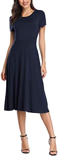 Vintage Short Sleeve High Waist Flared Midi Casual Summer Dress, Navy Blue