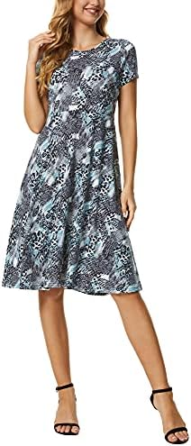 Vintage Short Sleeve High Waist Flared Midi Casual Summer Dress, Print #14