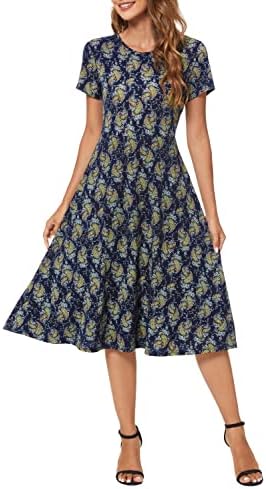 Vintage Short Sleeve High Waist Flared Midi Casual Summer Dress, Print #17