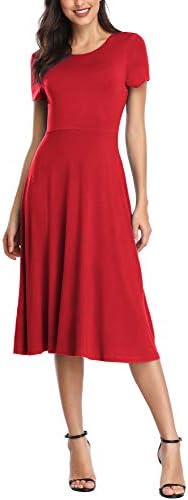 Vintage Short Sleeve High Waist Flared Midi Casual Summer Dress, Red