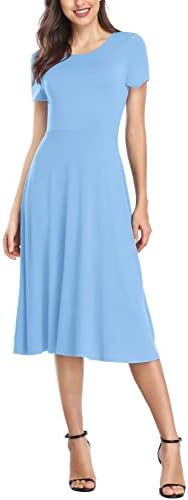 Vintage Short Sleeve High Waist Flared Midi Casual Summer Dress Serenity, Serenity Blue