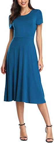 Vintage Short Sleeve High Waist Flared Midi Casual Summer Dress Steel, Steel Blue