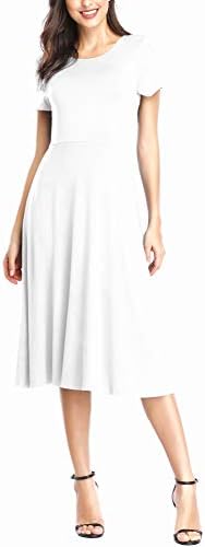Vintage Short Sleeve High Waist Flared Midi Casual Summer Dress, White
