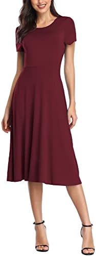 Vintage Short Sleeve High Waist Flared Midi Casual Summer Dress, Wine Red