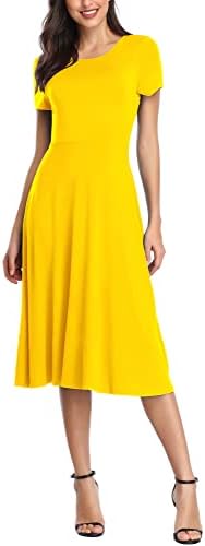 Vintage Short Sleeve High Waist Flared Midi Casual Summer Dress, Yellow