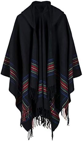 Vintage Tassel Poncho Hooded Shawl Cape Blanket, Series 3 Black