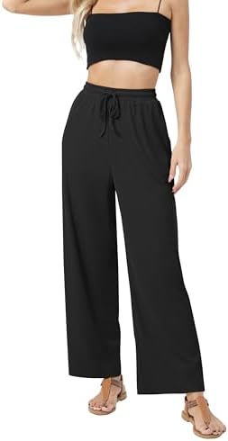 Wide Leg Palazzo Pants Elastic High Waist Casual Trousers Lightweight Summer Lounge Pants, Black
