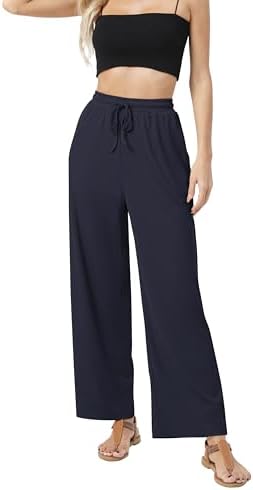 Wide Leg Palazzo Pants Elastic High Waist Casual Trousers Lightweight Summer Lounge Pants, Navy Blue