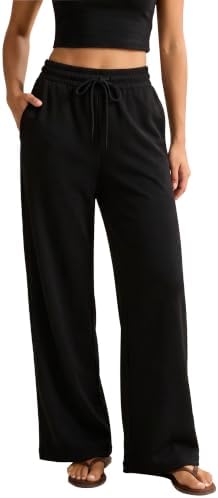 Wide Leg Yoga Pants for Women with Pockets High Waisted Stretch, Black