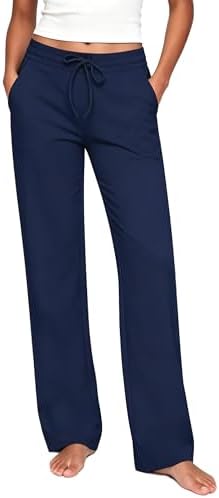 Wide Leg Yoga Pants for Women with Pockets High Waisted Stretch, Navy Blue