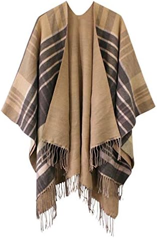 Winter Vintage Poncho Capes Tassel Blanket Shawl Wrap Cardigan Coat, Print #1 Camel