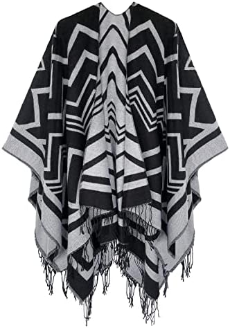 Winter Vintage Poncho Capes Tassel Blanket Shawl Wrap Cardigan Coat, Print #2 Black