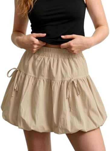 Y2K Bubble Skirt Elastic High Waisted Puffy Mini Skirts for Spring, Khaki