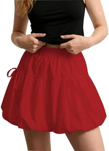 Y2K Bubble Skirt Elastic High Waisted Puffy Mini Skirts for Spring Summer, Red