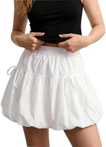 Y2K Bubble Skirt Elastic High Waisted Puffy Mini Skirts for Spring Summer, White