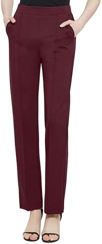 Yoga Dress Pants Stretchy Casual Slacks Straight Leg Work Pants with Pockets, Wine Red