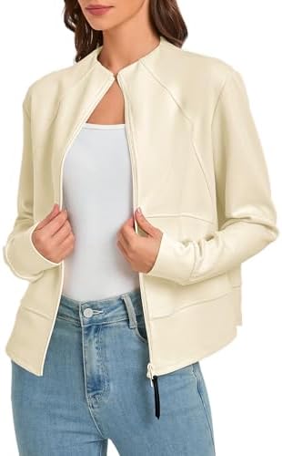 Zip Up Cropped Cardigan Jacket Lightweight Sweatshirt with Pockets, Beige