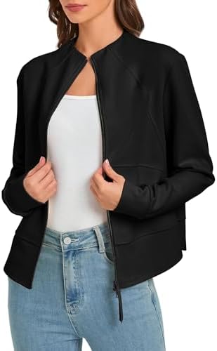 Zip Up Cropped Cardigan Jacket Lightweight Sweatshirt with Pockets, Black