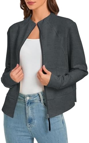 Zip Up Cropped Cardigan Jacket Lightweight Sweatshirt with Pockets, Deep Grey