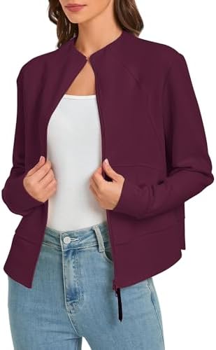 Zip Up Cropped Cardigan Jacket Lightweight Sweatshirt with Pockets, Maroon
